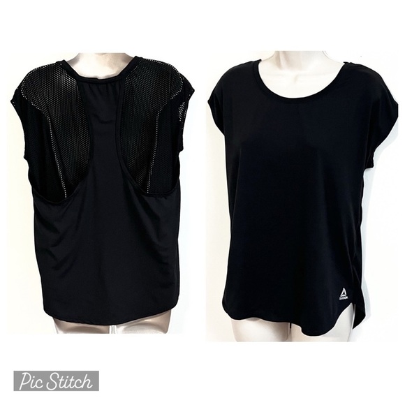 Reebok Cap Sleeve Scoop Neck Back Mesh Pullover Workout Top Solid Black Small - Picture 1 of 7